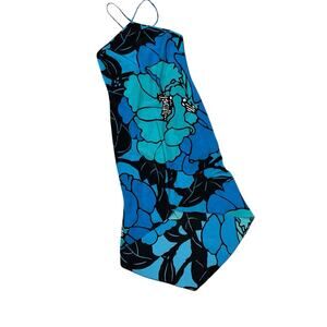 Blue Hawaiian Print Express Dress Halter Hi Low Vintage Floral 7/8